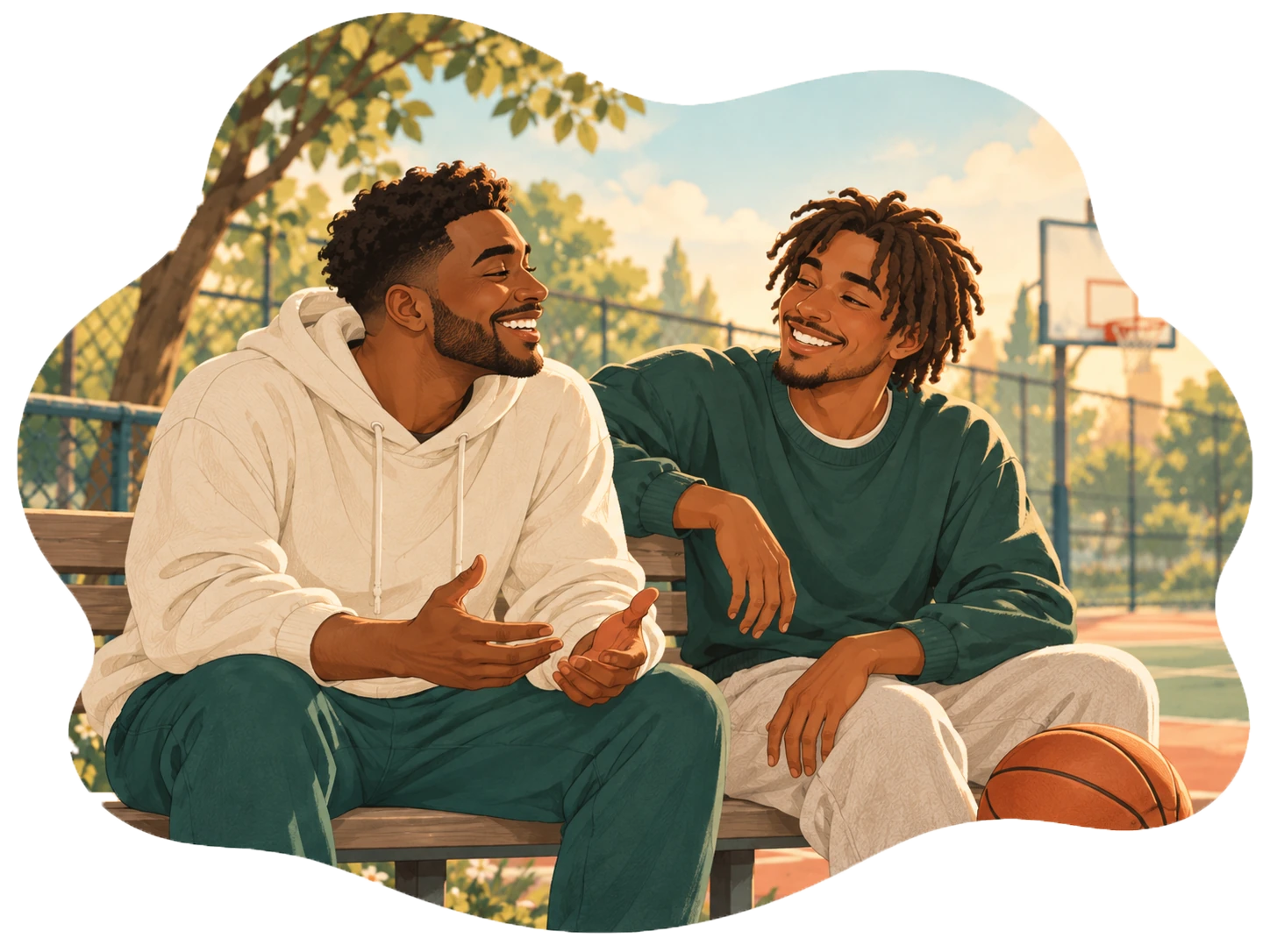 Two friends talking on a bench by an outdoor basketball court