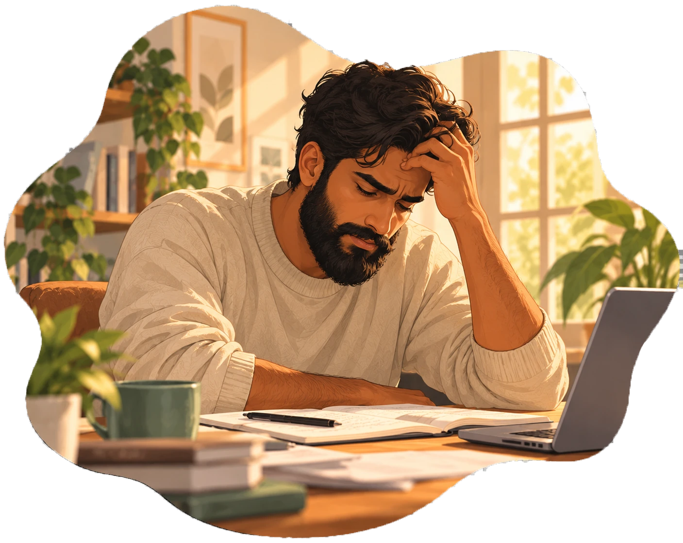 Bearded South Asian man feeling overwhelmed at a desk