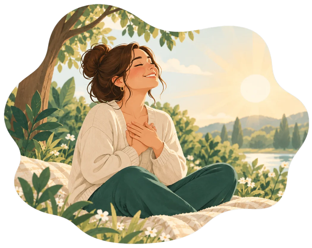 Woman feeling grateful in the morning sun beside a lake